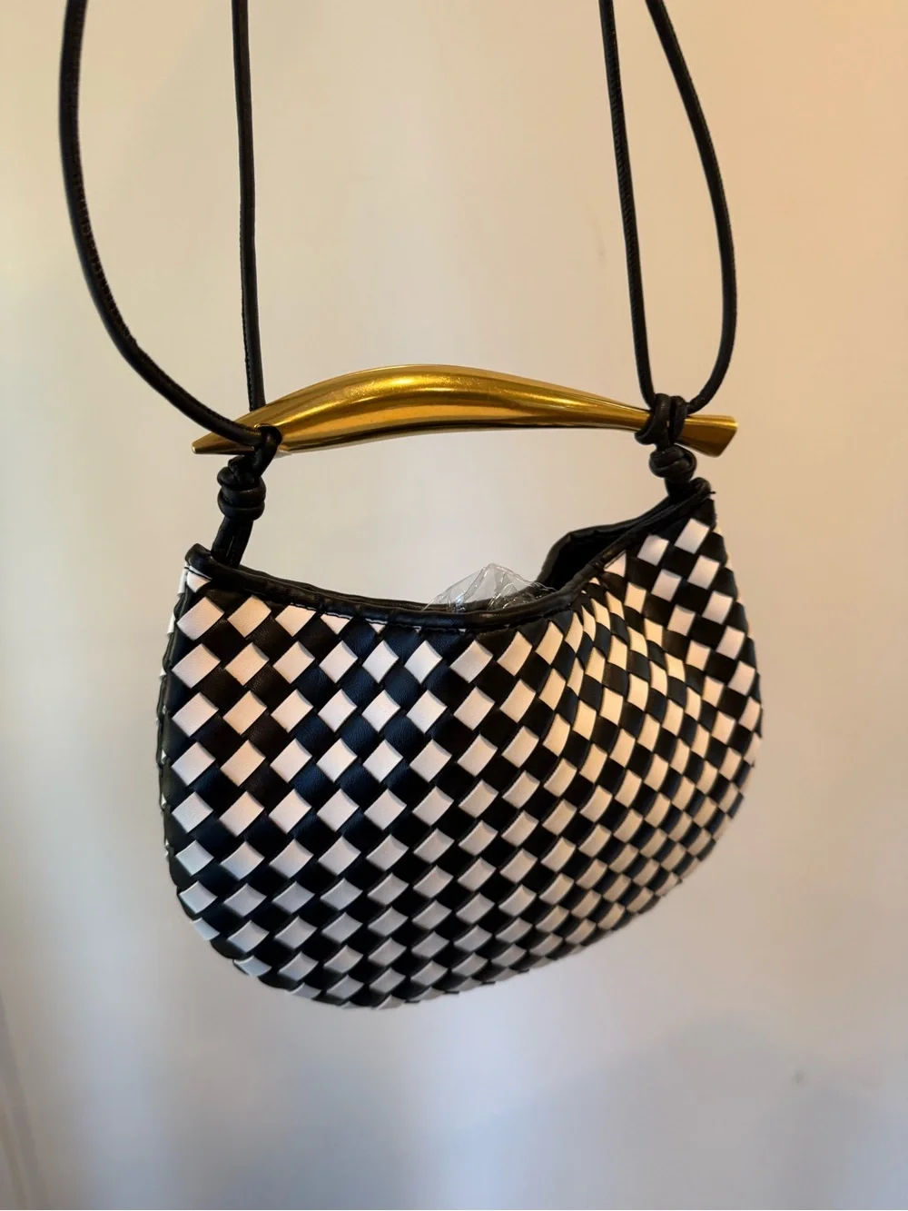 New Sardine Woven Black & White Halfmoon Bag with Gold Handle #Lux-P